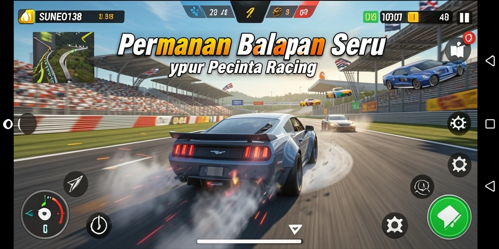 Gameplay SUNEO138 menampilkan balapan penuh aksi dengan mobil berkecepatan tinggi.
